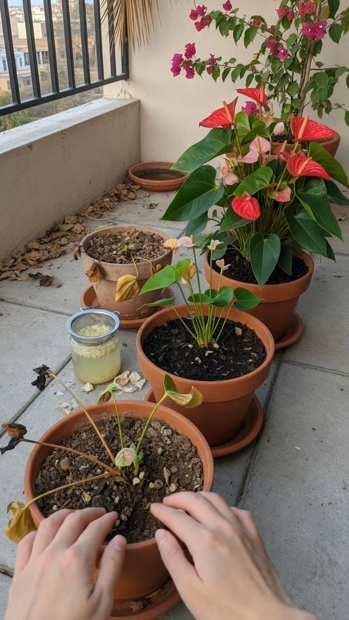 Anthurium plant thriving with vibrant blooms after garlic water care