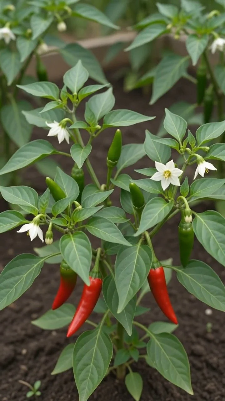 Chili plants nourished with banana peel fertilizer for enhanced fruit production.