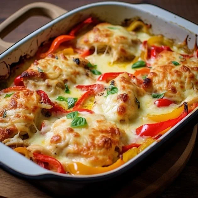 Cheesy baked chicken with bell peppers on a plate ready to serve