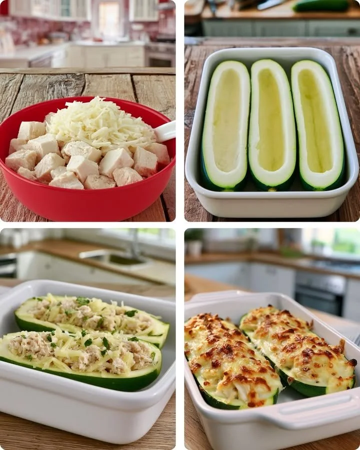 Cheesy chicken zucchini boats baked to perfection with melted cheese and chicken filling