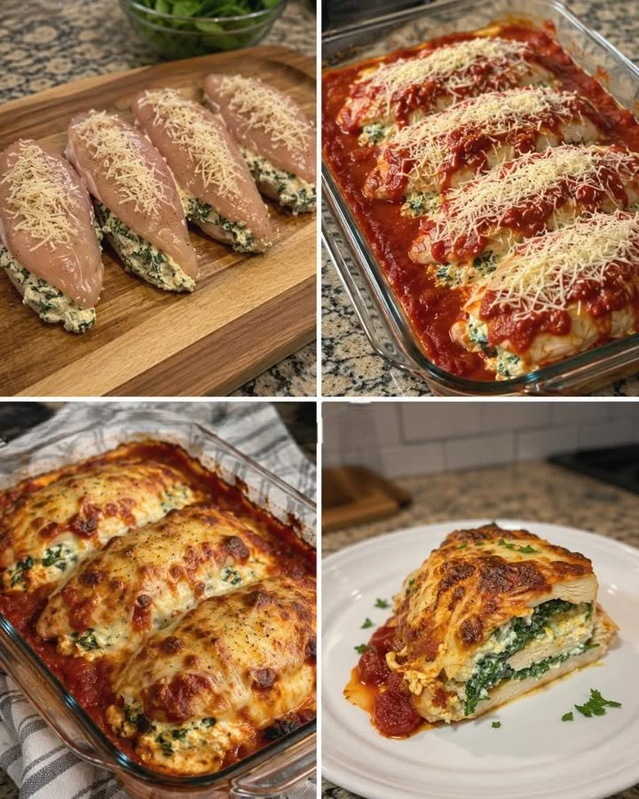 Cheesy spinach-stuffed chicken lasagna boats garnished and ready to serve