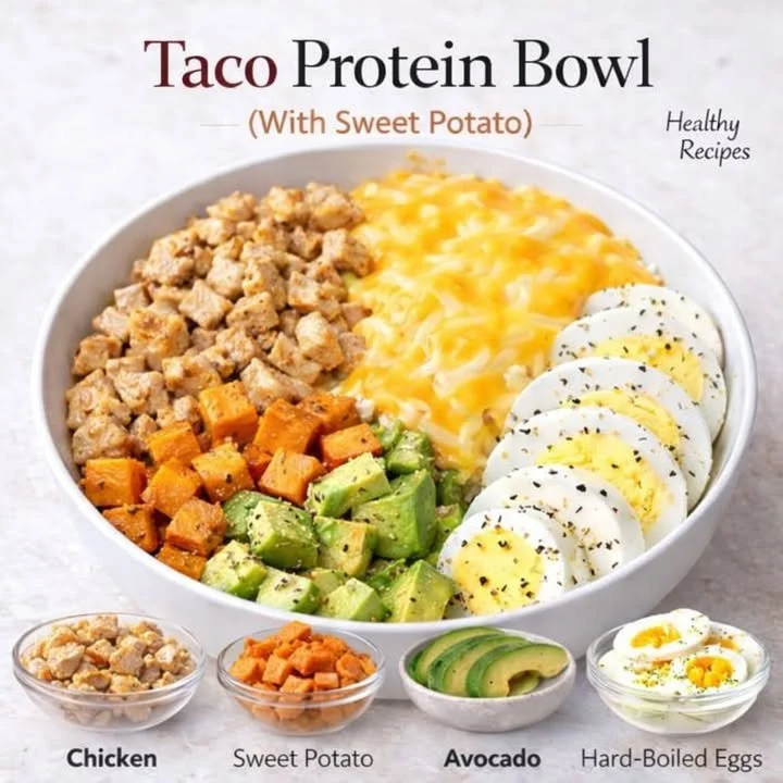 Chicken Bowl with Sweet Potatoes, Avocado, and Eggs