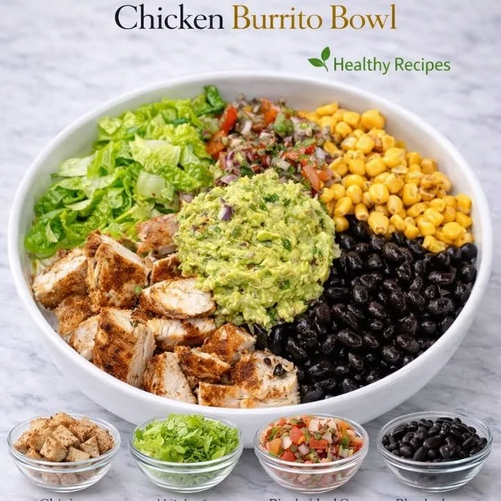 Delicious Chicken Burrito Bowl featuring rice, beans, chicken, and fresh toppings.