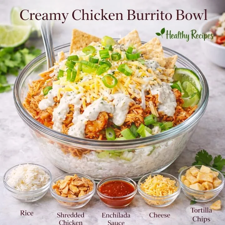 Delicious creamy Chicken Burrito Bowl topped with fresh ingredients