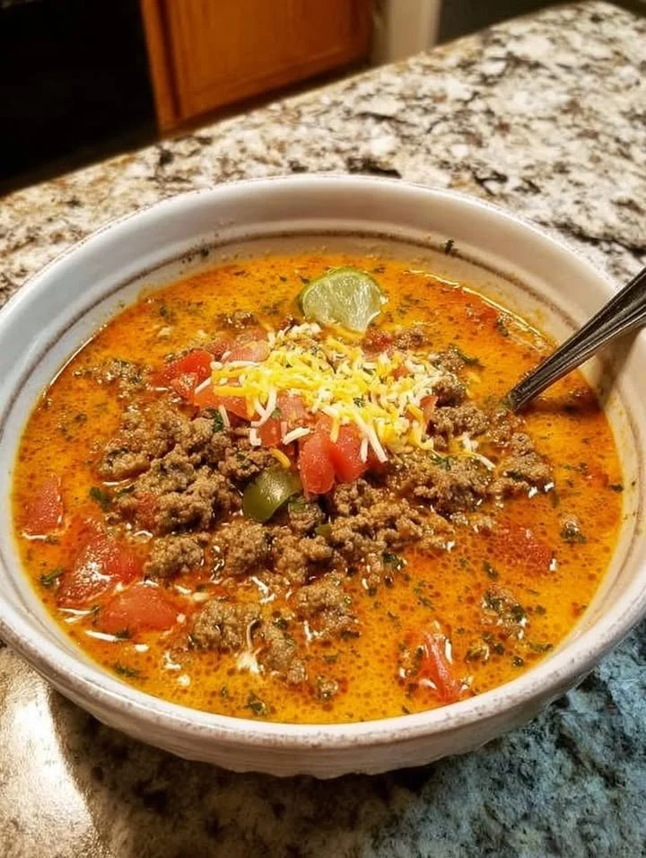 Creamy Keto Taco Soup with cream cheese and Ro-Tel in a bowl
