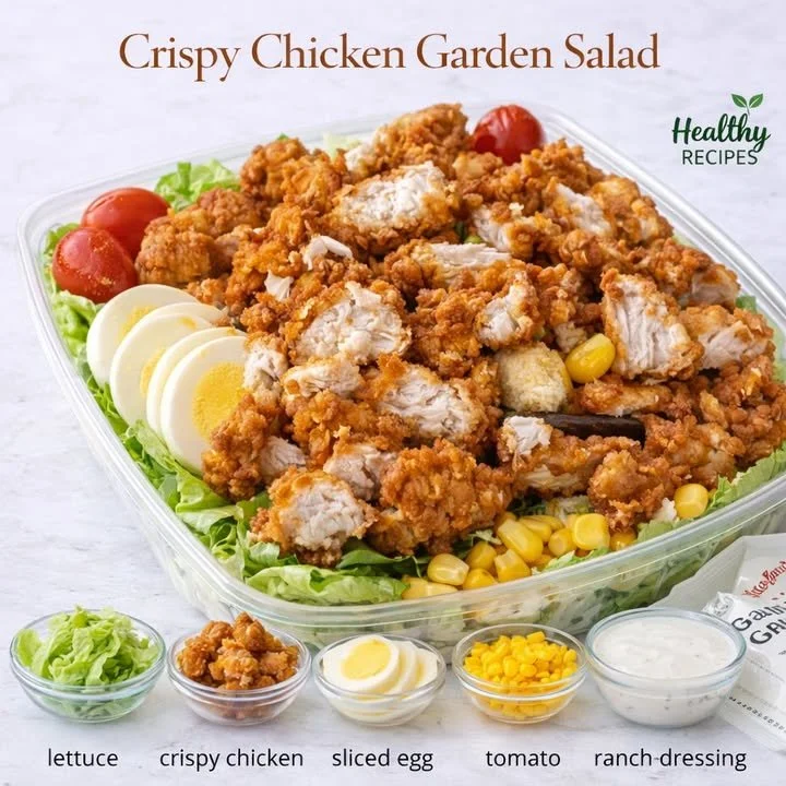 Crispy chicken salad with fresh garden vegetables and dressing
