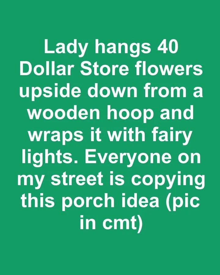 DIY porch decor with upside-down dollar store flowers and wooden hoop with fairy lights.