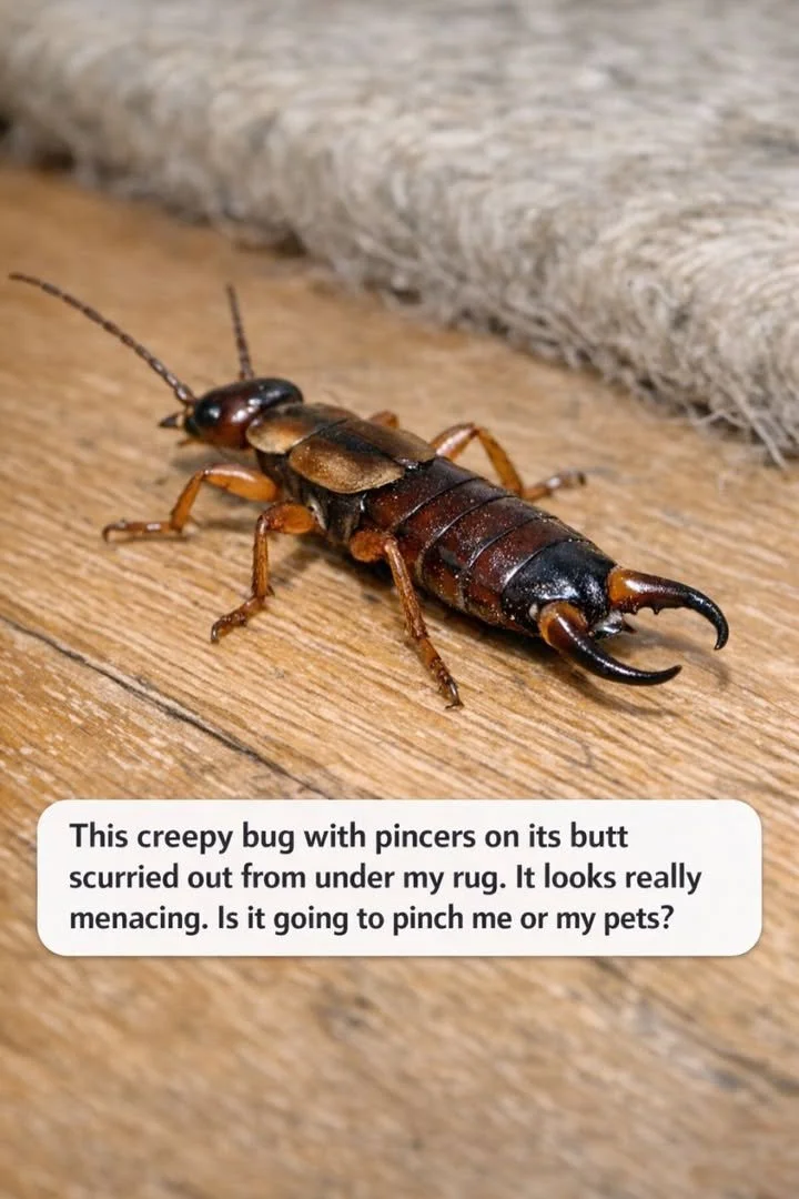 Earwig discovered under a rug, exploring the potential pinch to humans and pets.