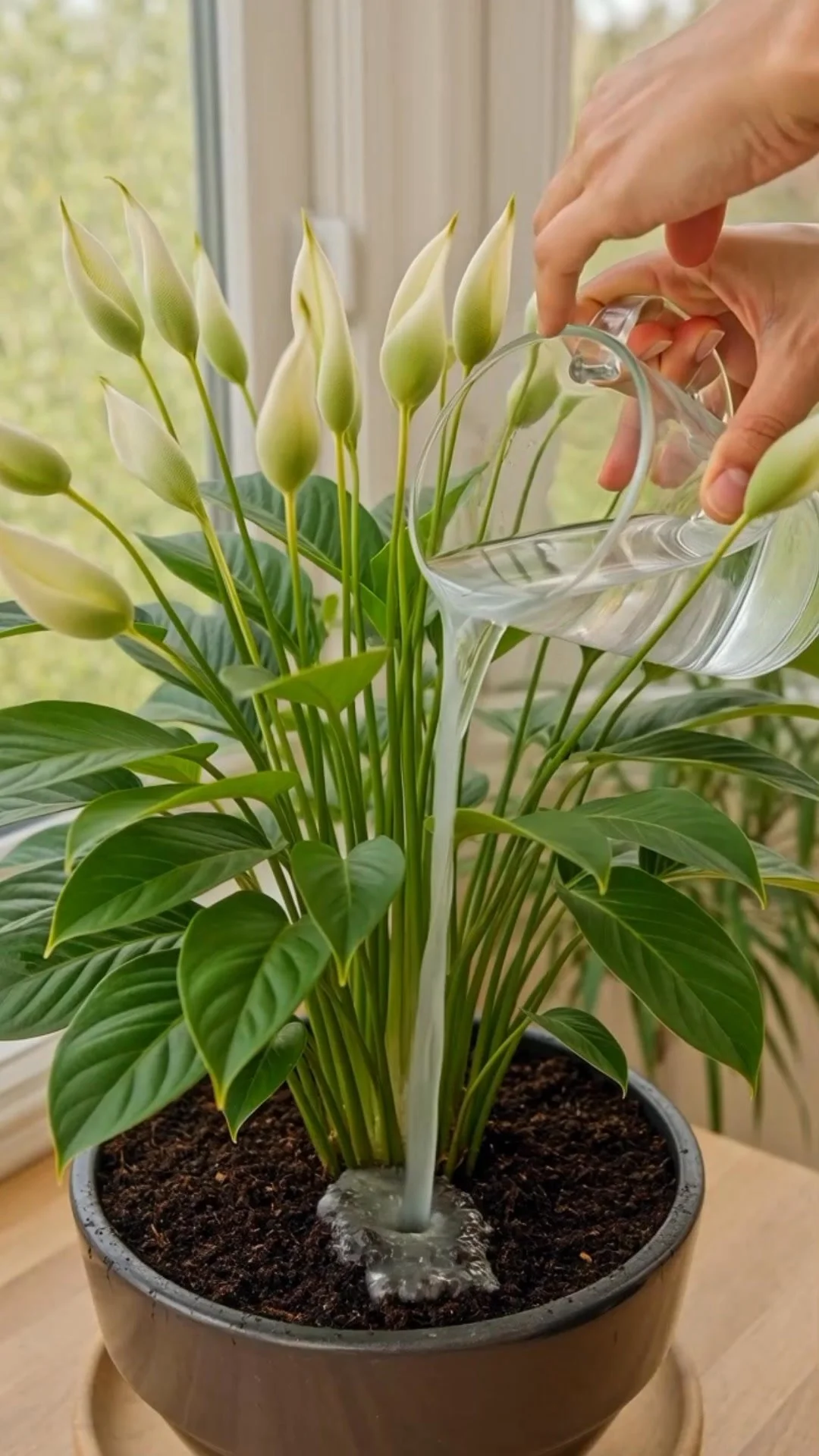 Peace lilies being nurtured with rice water for improved growth and vitality.