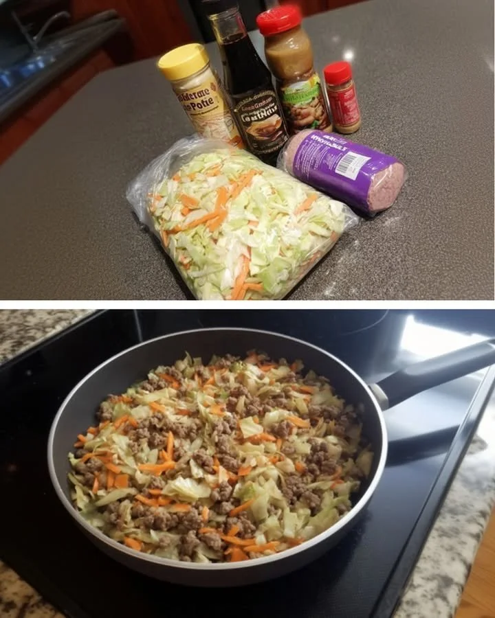 Delicious Egg Roll in a Bowl served in a pan with colorful veggies and meat.