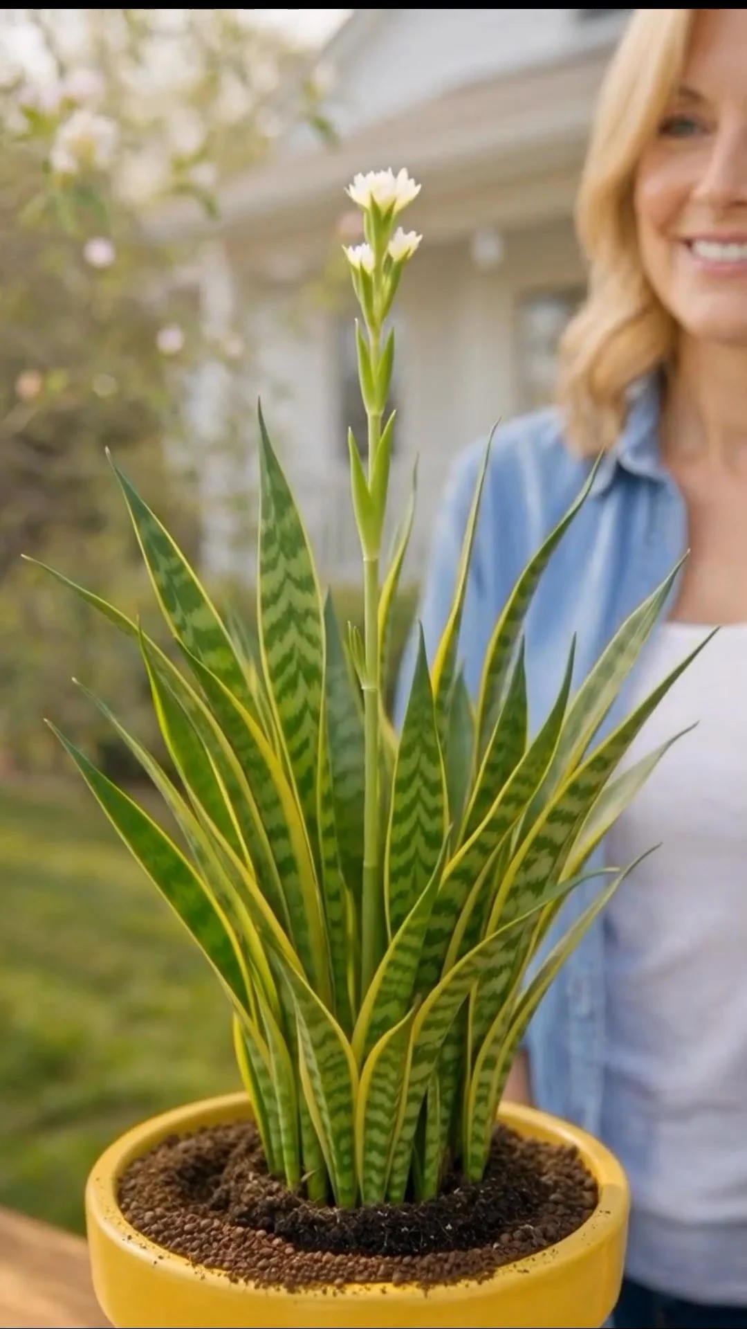 A thriving snake plant boosted by a kitchen item for enhanced growth.