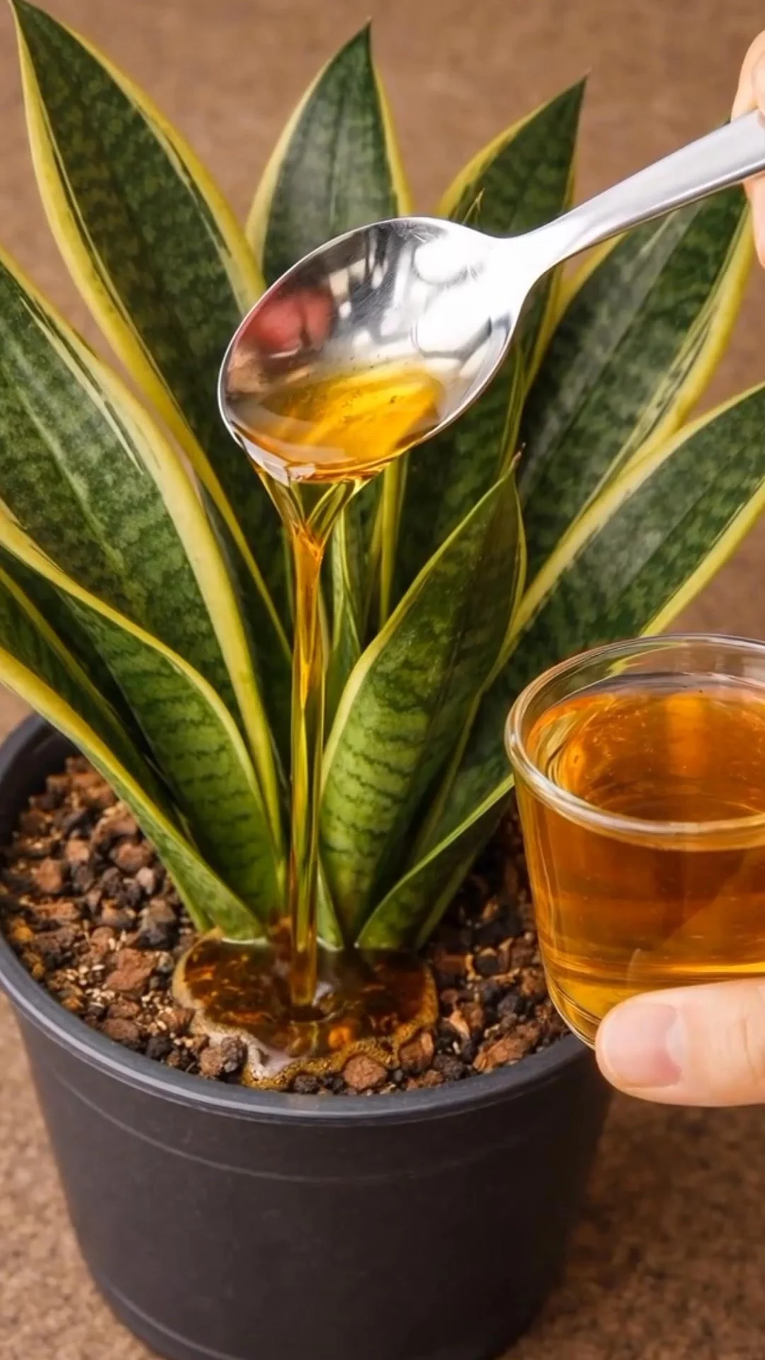 A snake plant reacting to the application of a dark liquid, showcasing rapid transformation.