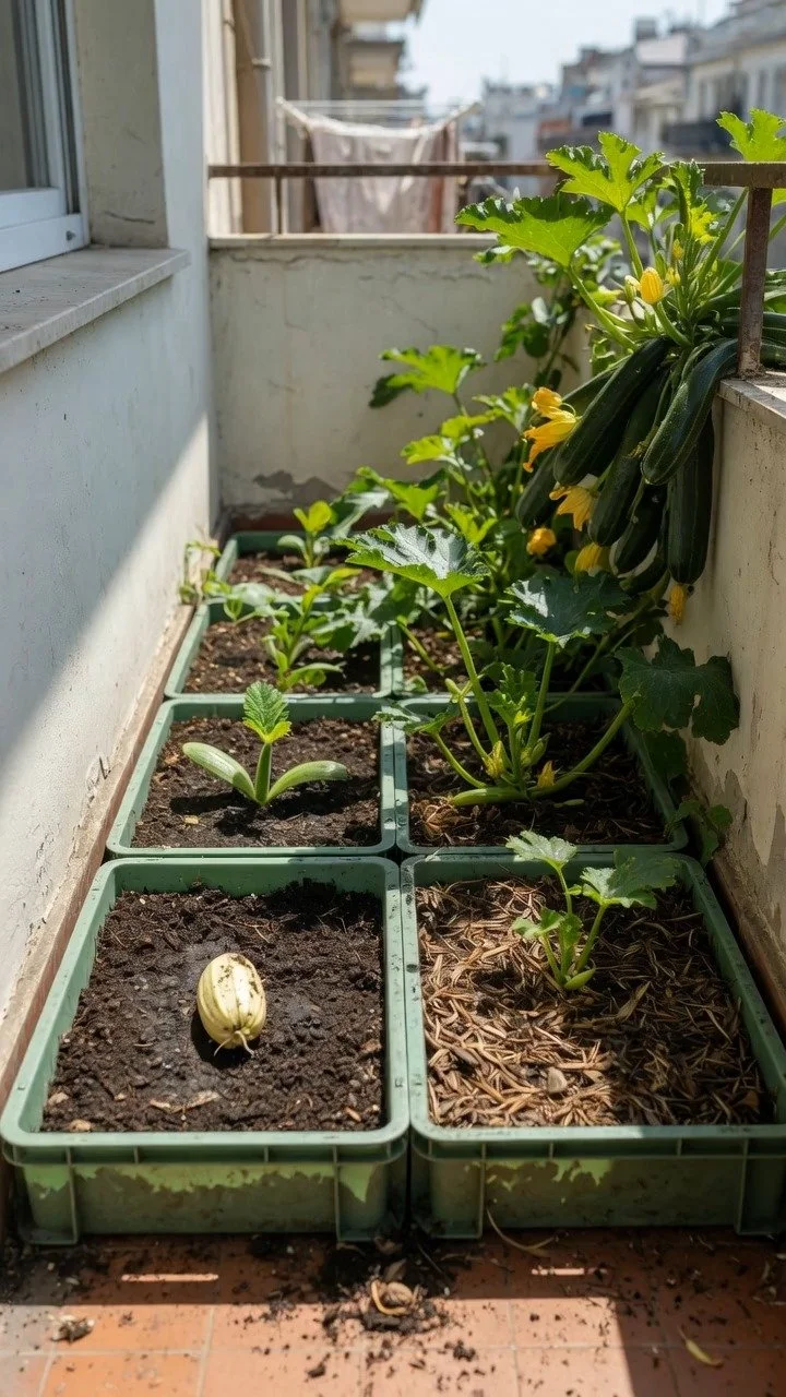 Four plastic crates filled with an abundant zucchini harvest alongside other vegetables.