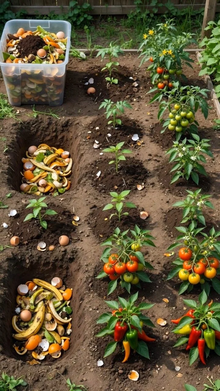 Garden soil enriched with buried organic waste for healthy plant growth
