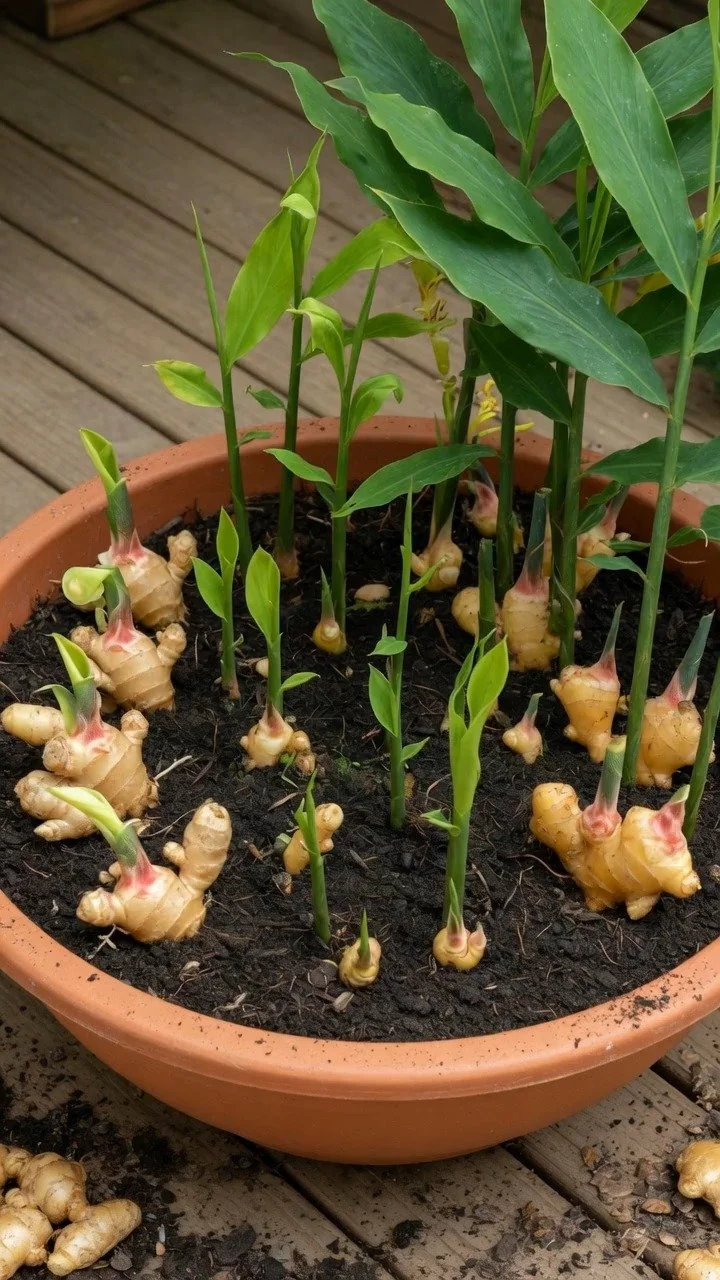 Ginger plants growing in a decorative planter showcasing lush green shoots.