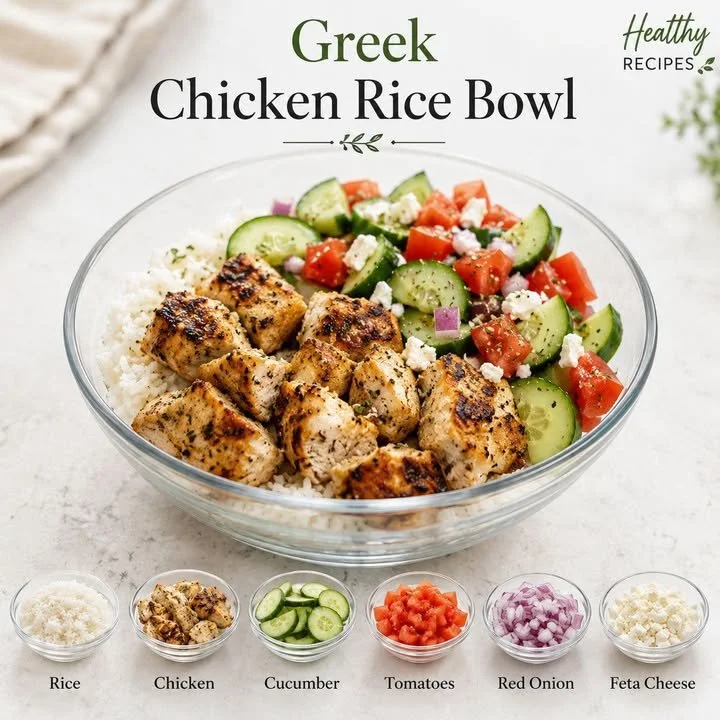 Delicious Greek Chicken Rice Bowl with grilled chicken and fresh vegetables