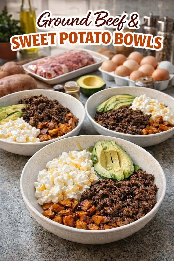 Ground beef skillet with sweet potatoes, avocado, and cottage cheese