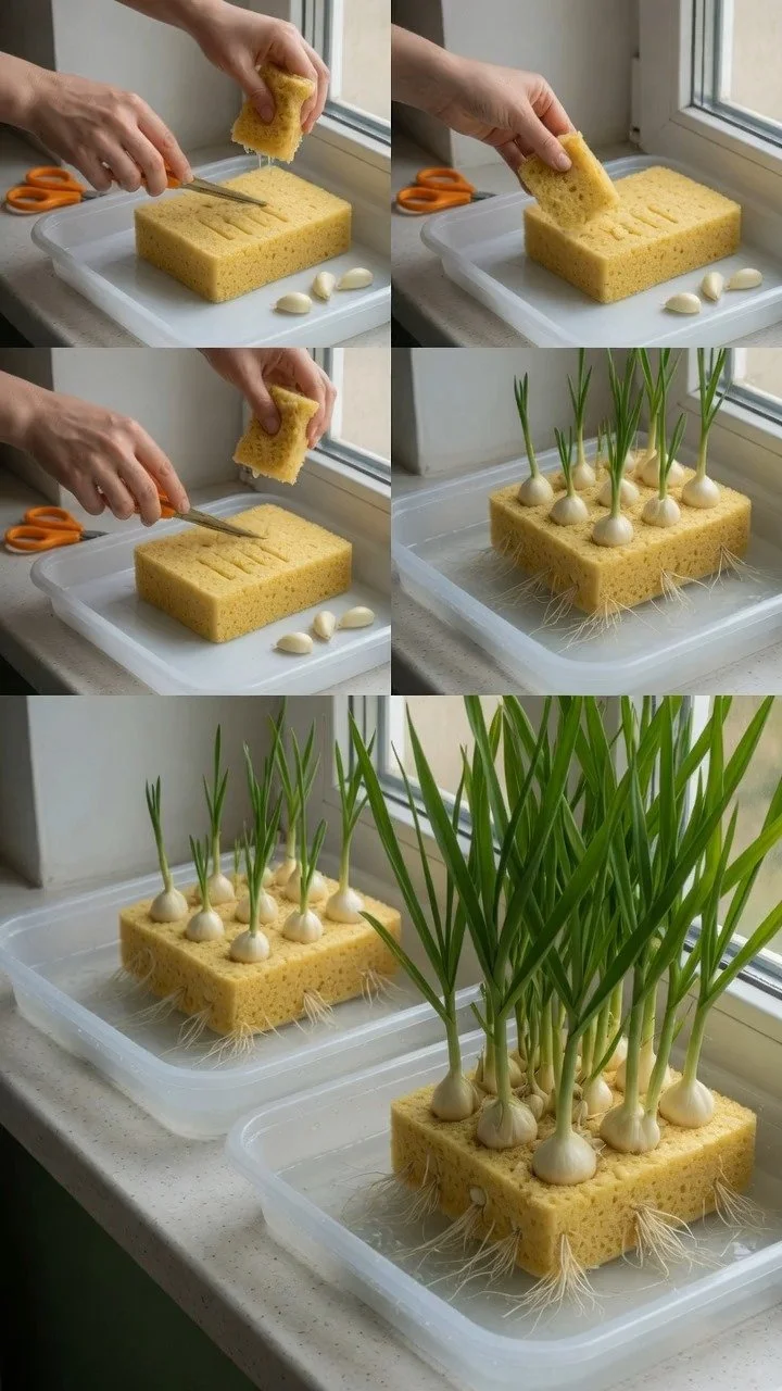 Growing garlic hydroponically in a kitchen sponge for home gardening.