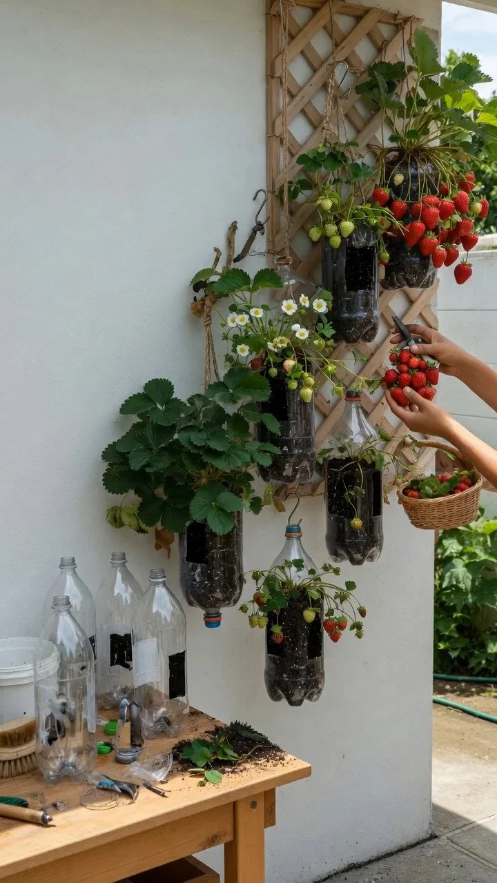 Vibrant strawberries growing in recycled bottle planters on a balcony.