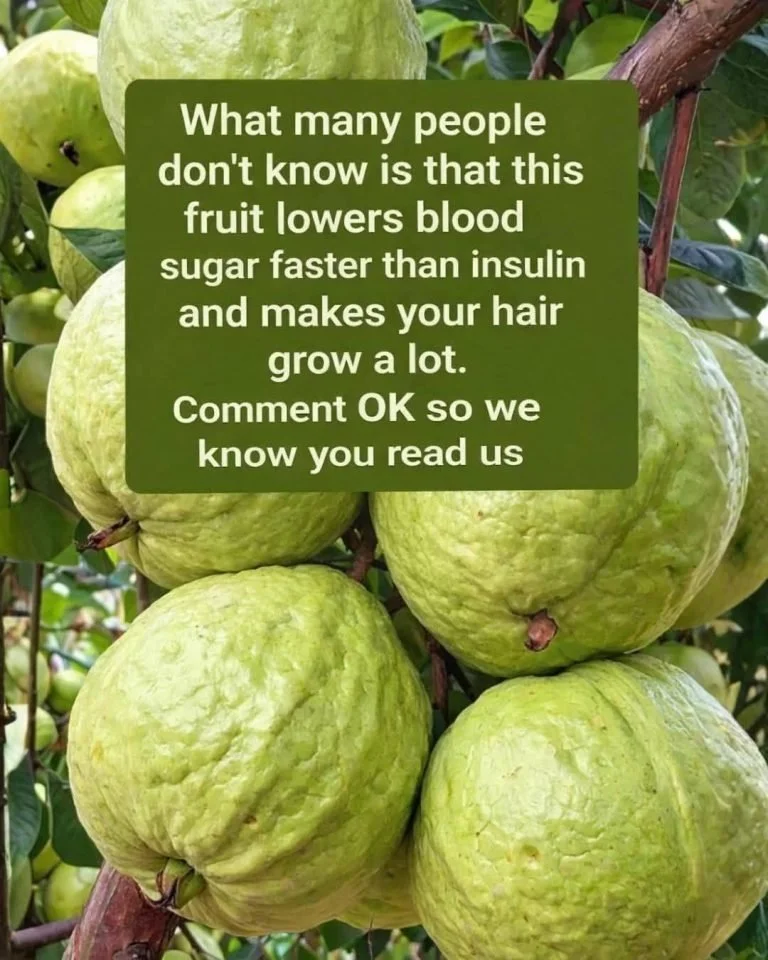Guava fruit highlighting its health benefits, including blood sugar and hair growth claims.