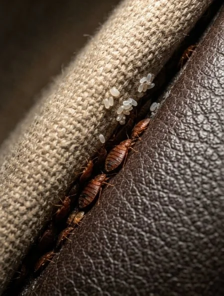 Close-up of a crack in a sofa possibly hiding bed bugs.