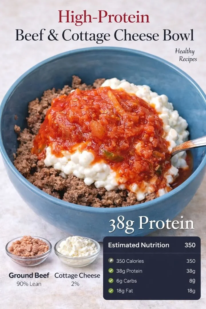 High-protein beef and cottage cheese bowl with 38g protein served in a bowl.