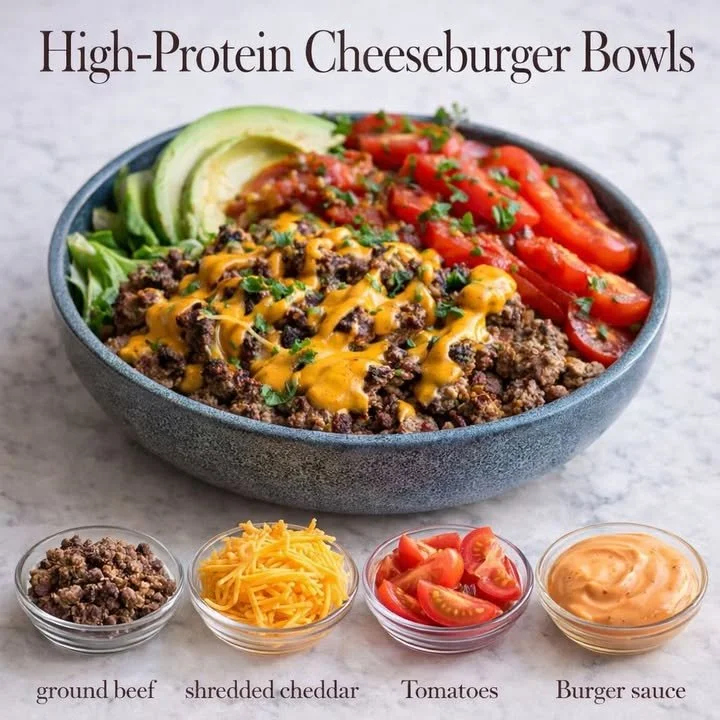 High-protein cheeseburger bowls prepared for low-carb meal prep.