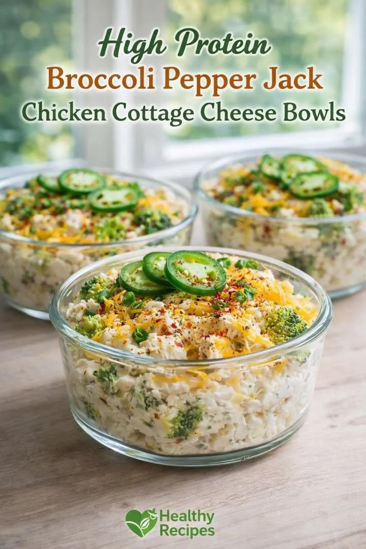 High-protein chicken cottage cheese bowl with broccoli and pepper jack cheese