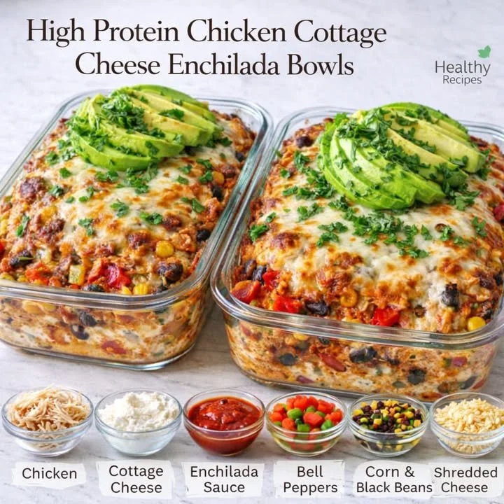 High-protein chicken enchilada bowl topped with cottage cheese and fresh ingredients.