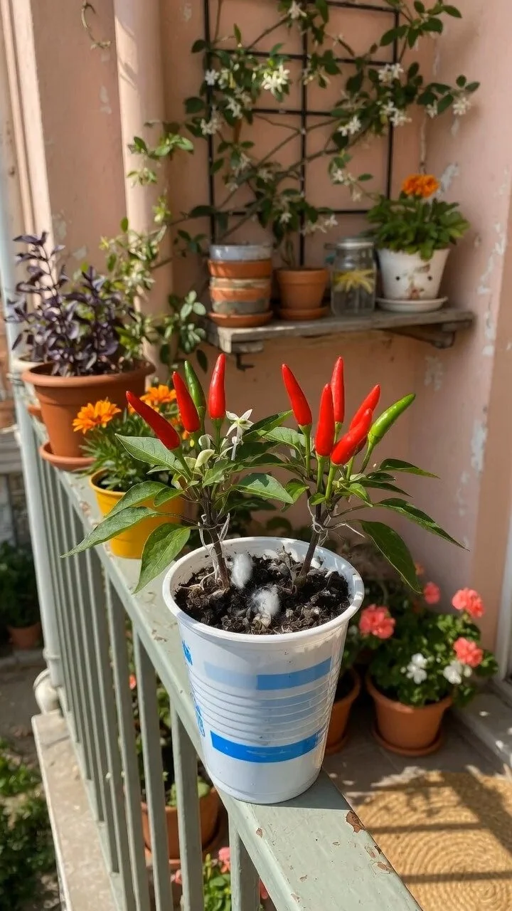 Growing chili peppers from seeds in plastic cups for gardening success