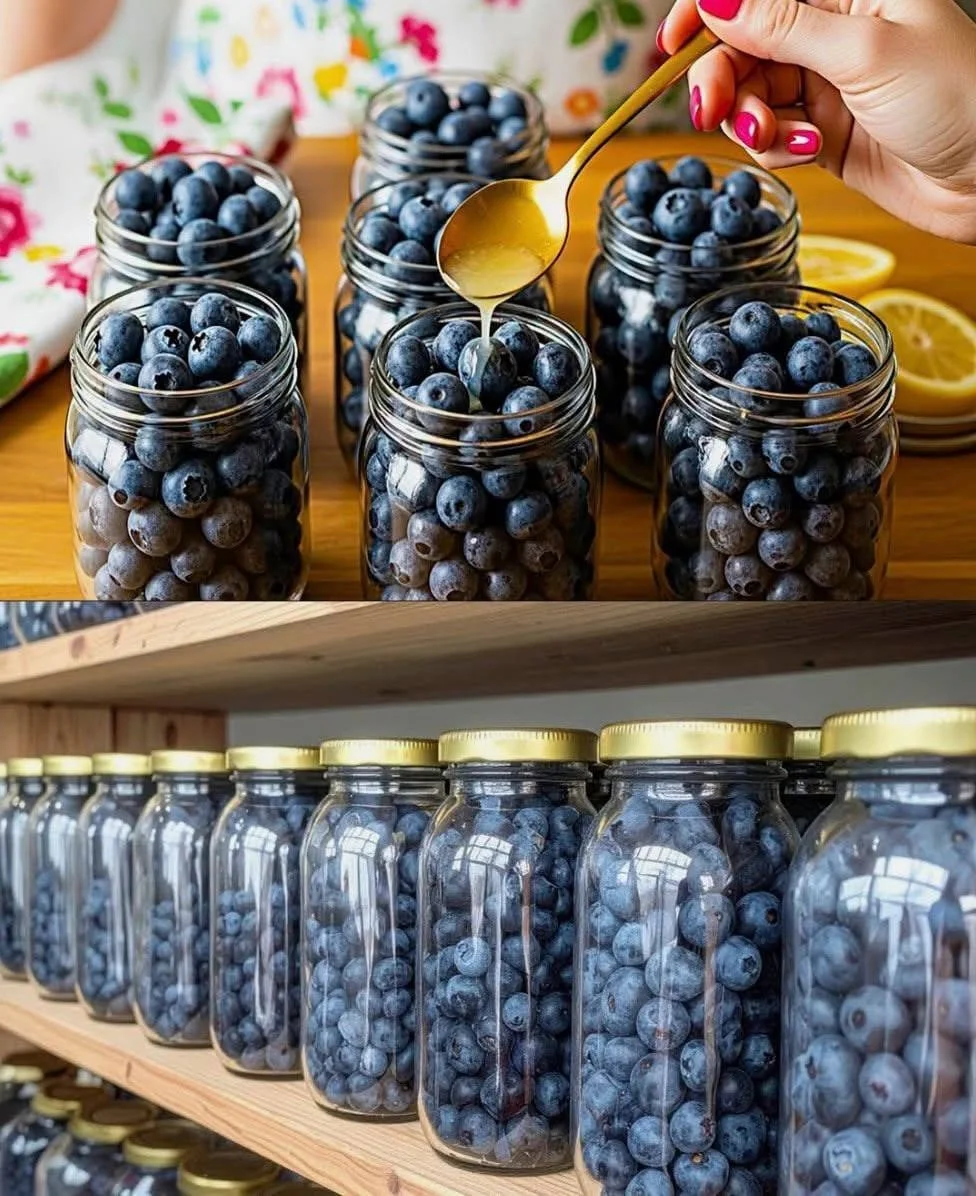 Fresh blueberries preserved at home in jars for long-term enjoyment.
