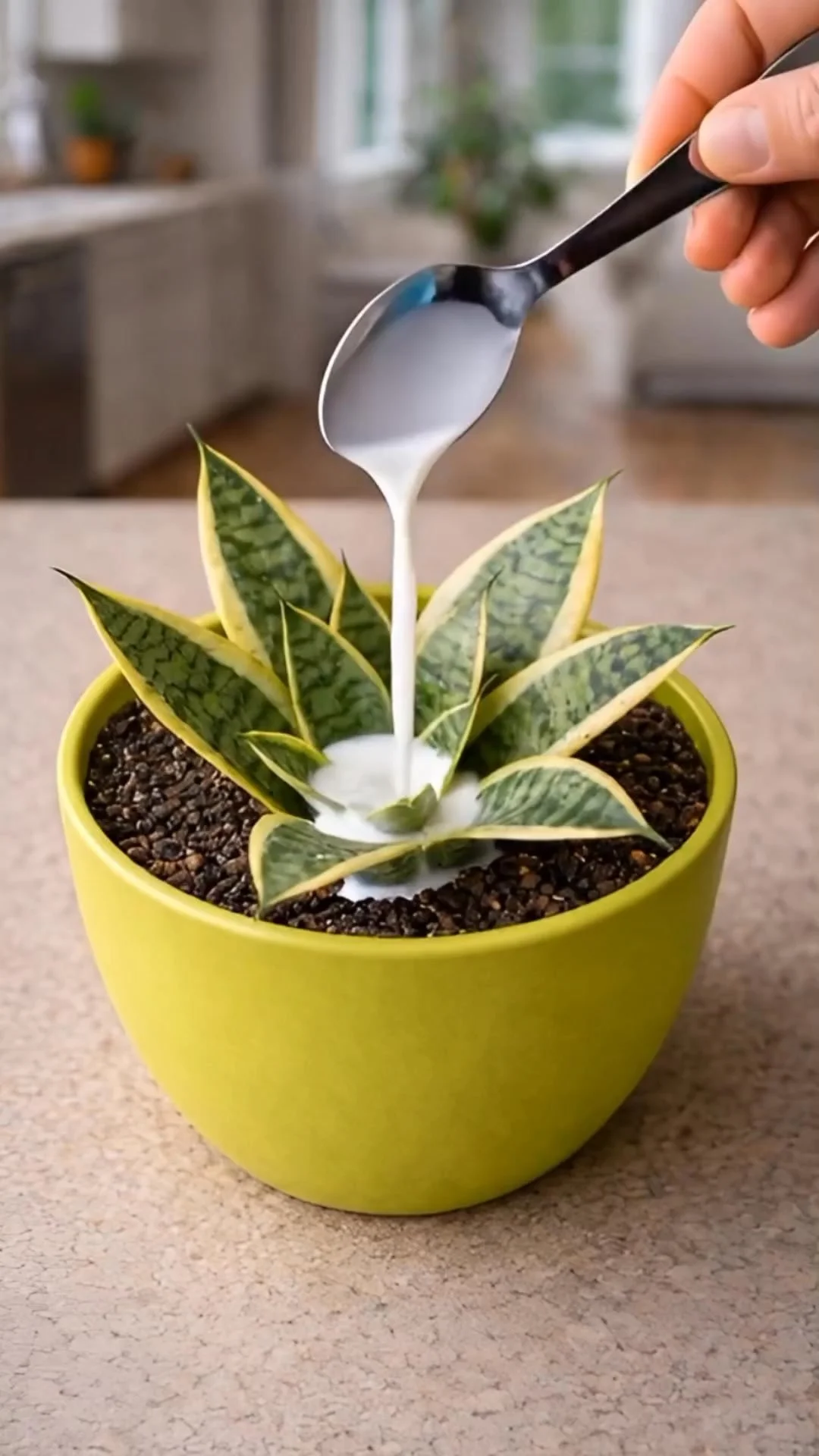 White liquid application on snake plants for better growth and care