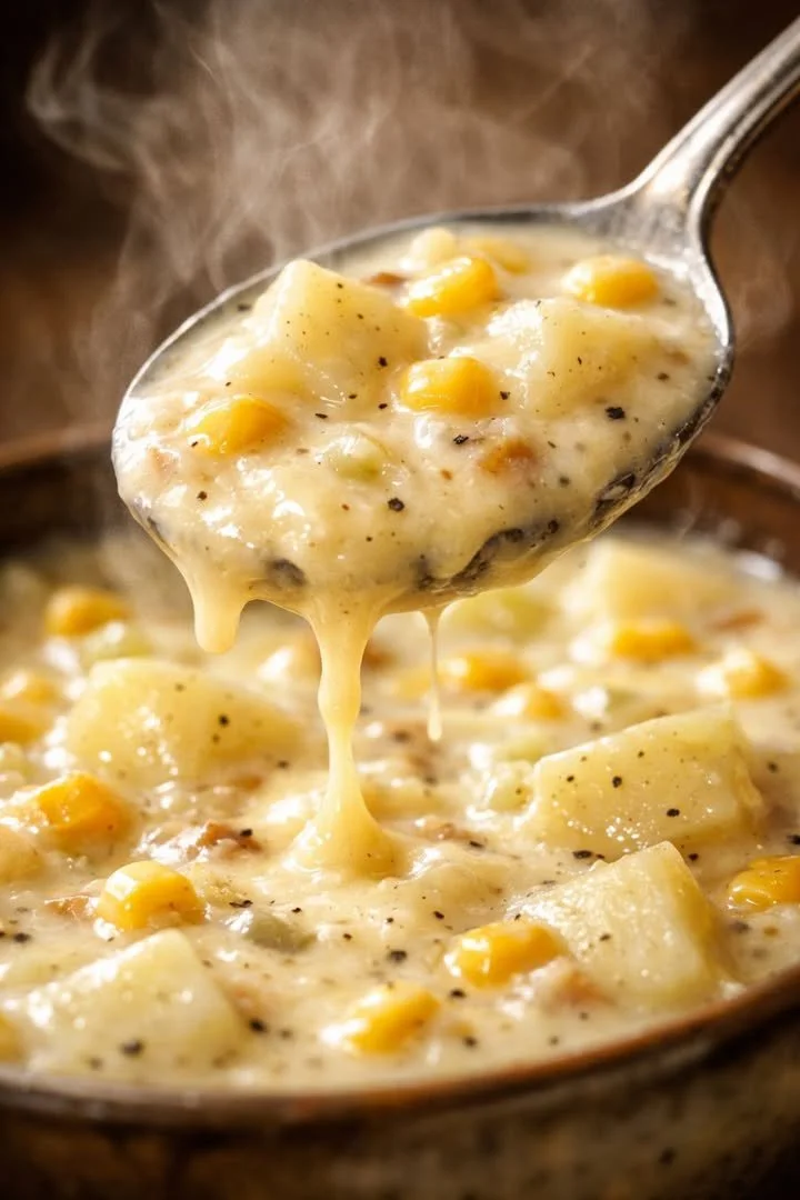 Bowl of creamy hearty soup filled with fresh vegetables and herbs