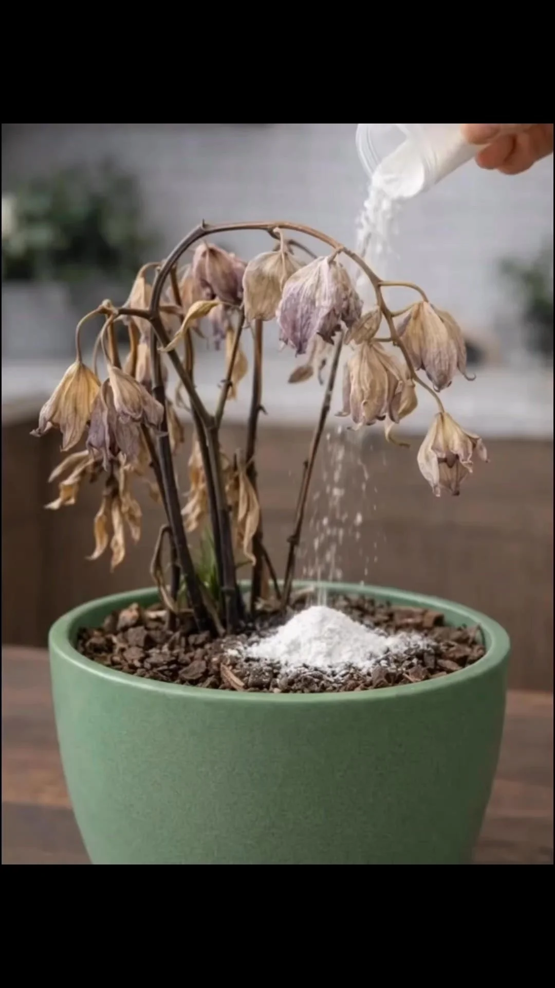 A close-up of a wilted orchid needing care and inspection for root health.