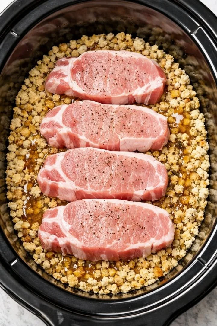 Delicious boxed stuffing prepared in a crock pot for a potluck gathering.