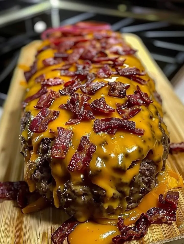 Keto Bacon Cheeseburger Meatloaf served on a plate with garnish