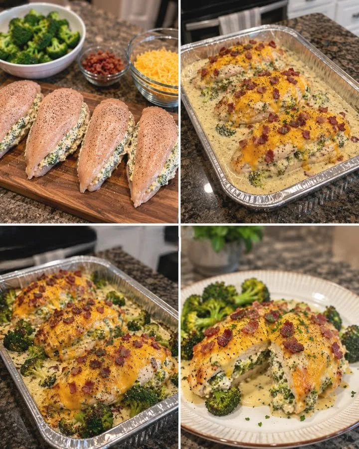 Keto broccoli cheddar bacon stuffed chicken breast garnished with fresh herbs