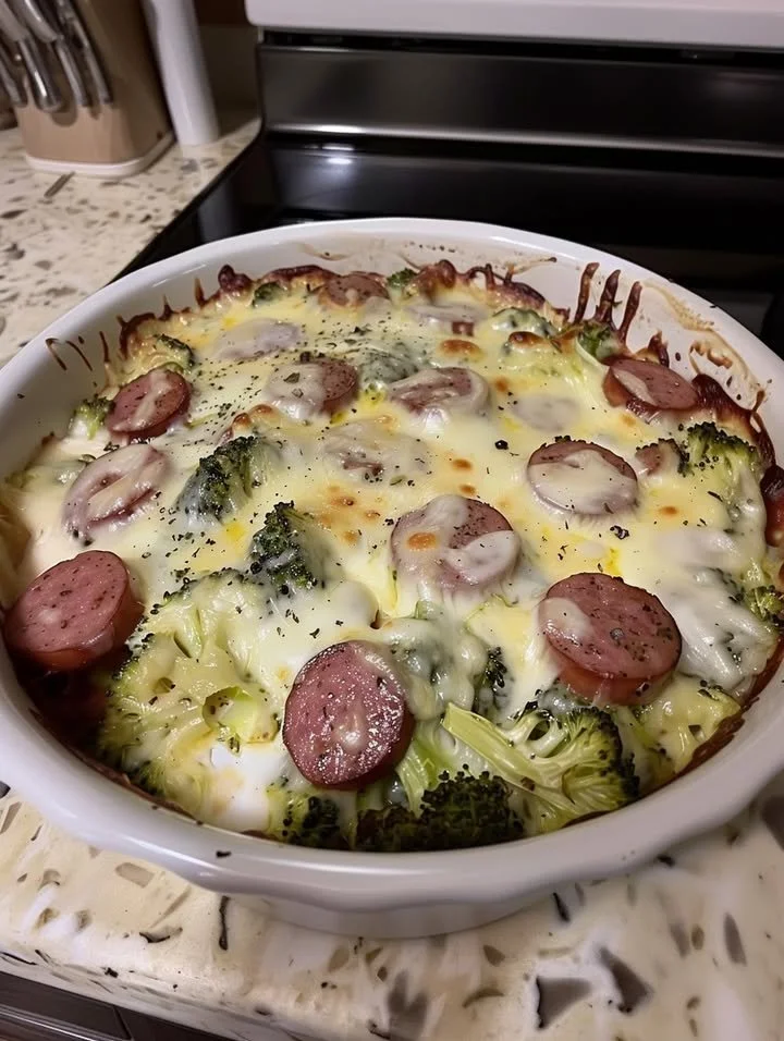 Keto Broccoli Sausage Casserole with cheese and broccoli in a baking dish