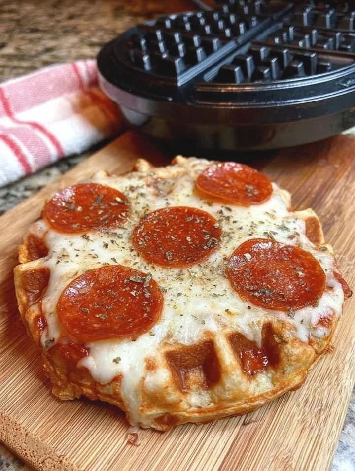 Keto Chaffle Pepperoni Pizza topped with cheese and pepperoni slices