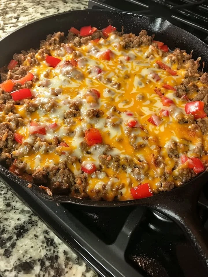 Keto Cheeseburger Skillet with ground beef, cheese, and veggies in a skillet