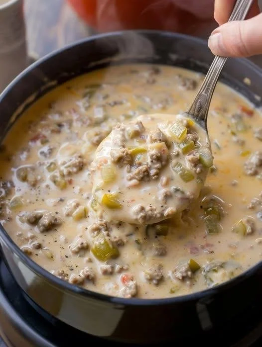 Bowl of Keto Cheeseburger Soup garnished with fresh herbs and cheese