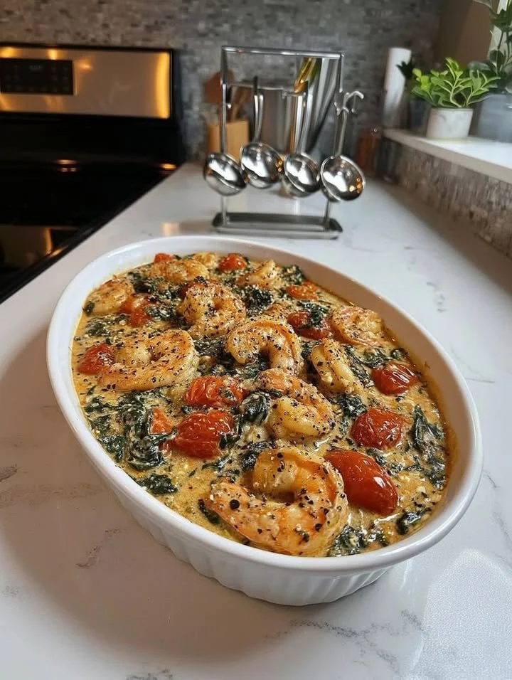 Delicious Keto Creamy Tuscan Shrimp served in a bowl, garnished with herbs.