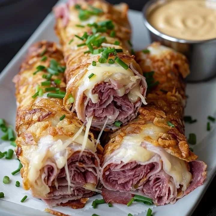 Keto Crispy Reuben Roll-Ups with corned beef, cheese, and sauerkraut