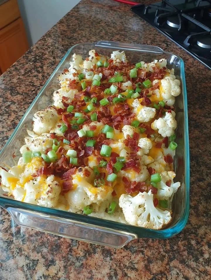 Delicious Keto Loaded Cauliflower Casserole topped with cheese and bacon