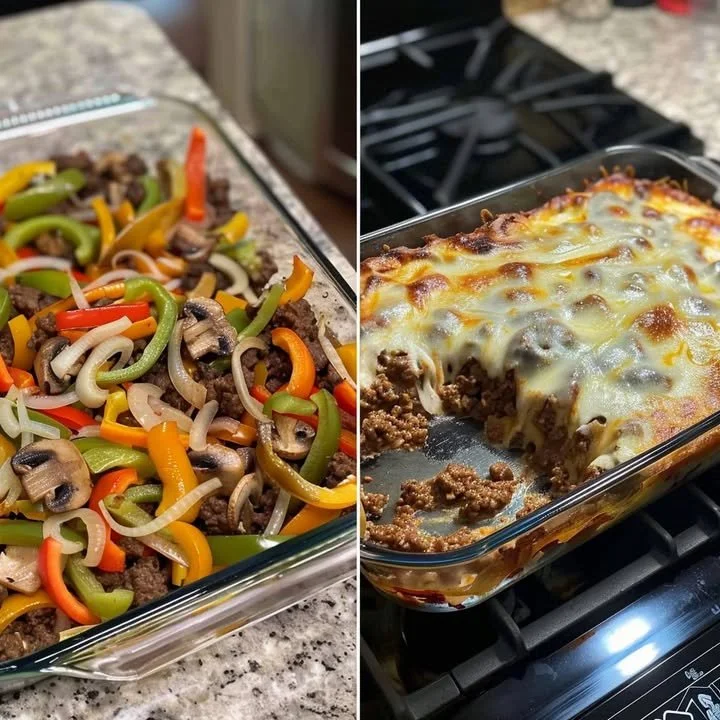 Delicious Keto Philly Cheesesteak Casserole served in a dish