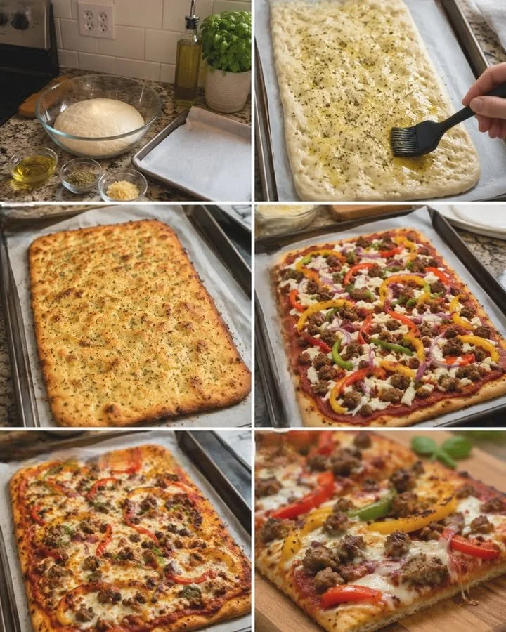 Keto sheet pan pizza with garlic herb crust on a wooden table