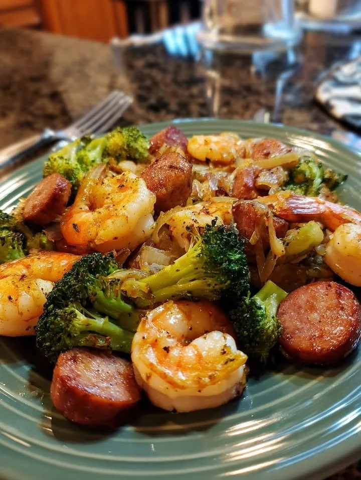 Keto shrimp, sausage, and broccoli dinner, a low-carb meal option