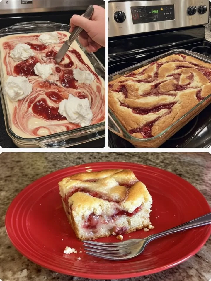 Keto Strawberry Cream Cheese Swirl Cake topped with fresh strawberries