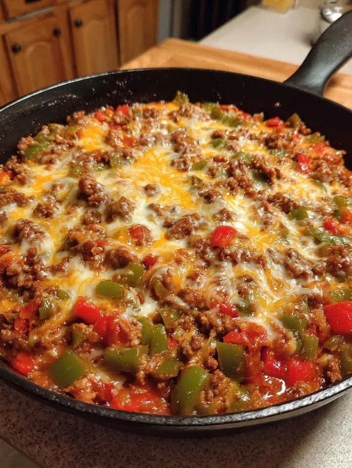 Keto Unstuffed Pepper Skillet with Ground Beef served in a pan