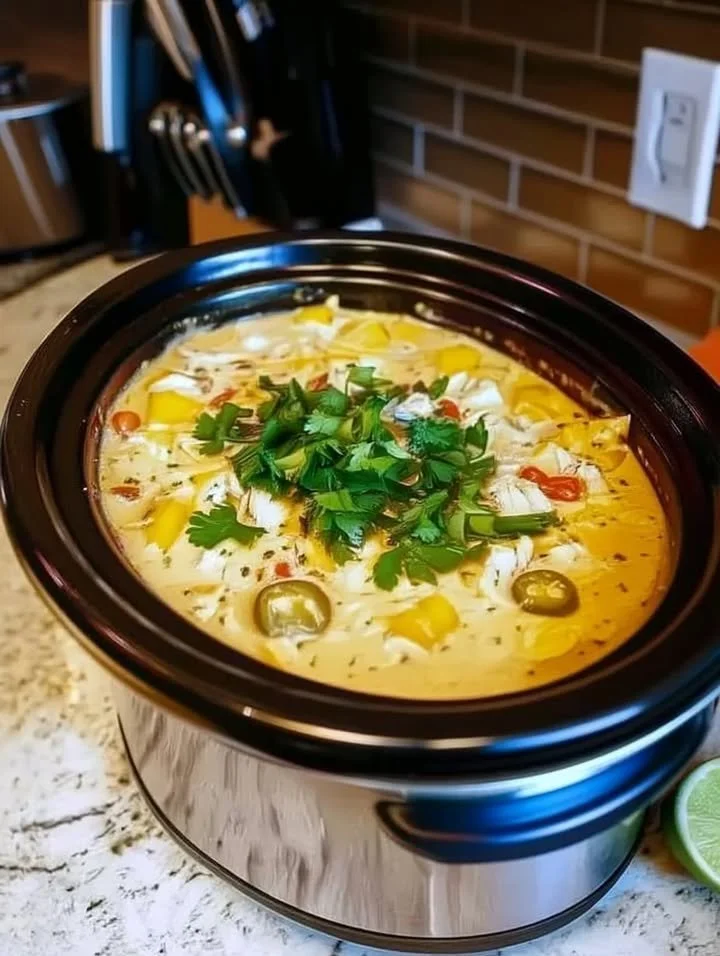Bowl of Keto White Chicken Chili made in a Crockpot